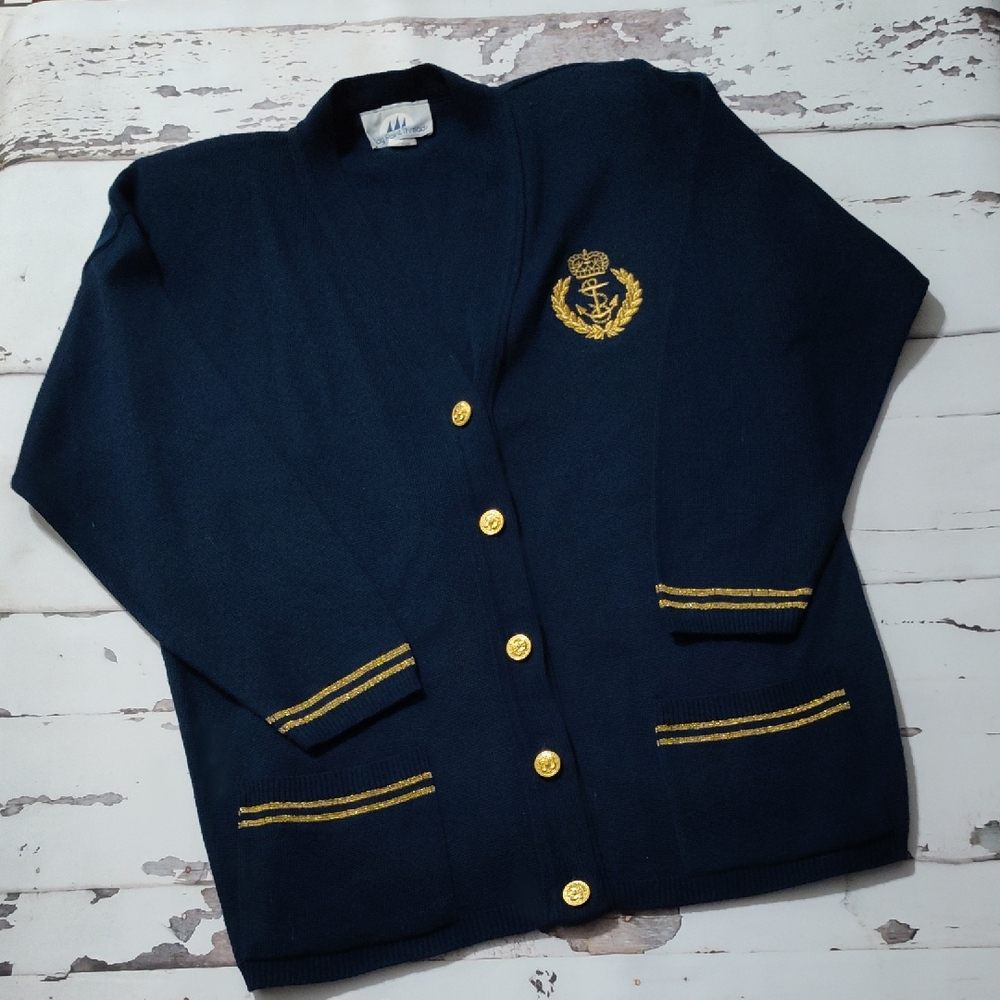 Bay Point threads Vintage Navy Cardigan With Gold Anchor Embroidery Size medium